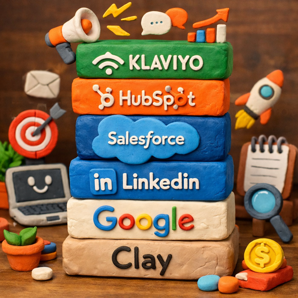 Generate a claymation style image of a sales and marketing technology stack Include Klaviyo HubSpot Salesforce LinkedIn Google and Clay in the stack